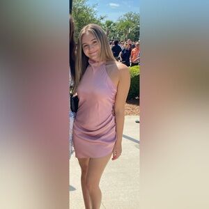 Edit By Nine Asymmetrical Mini Dress with Mock Neck in Dusty Rode Pink